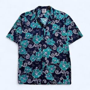 Vintage 1990s Floral Navy and Teal Men's Hawaiian Shirt L